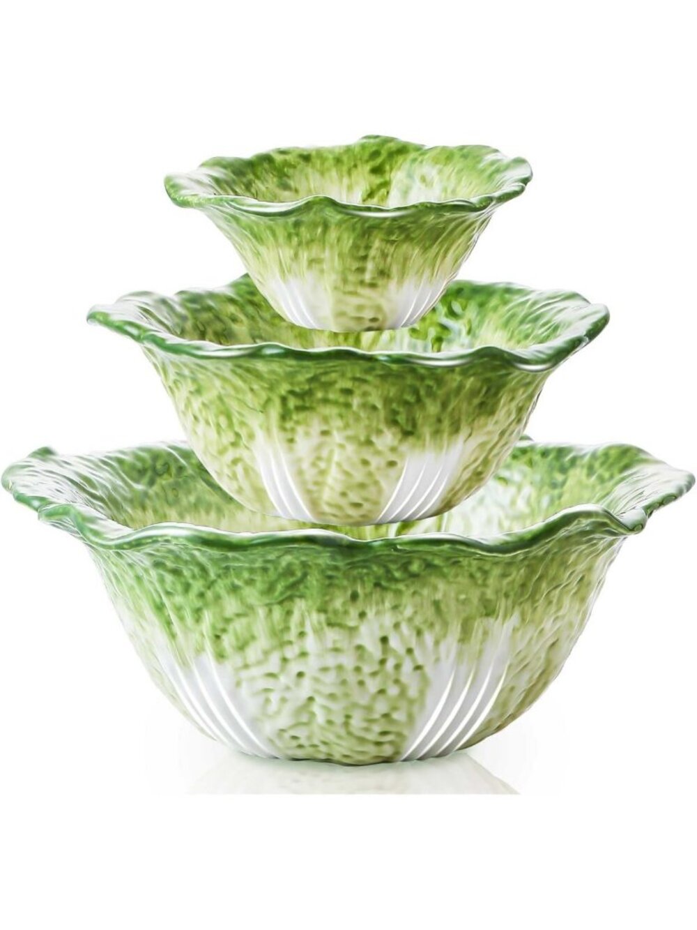 Extra Large Green Cabbage Serving Bowl Set - 3 Nesting Porcelain Dishes for